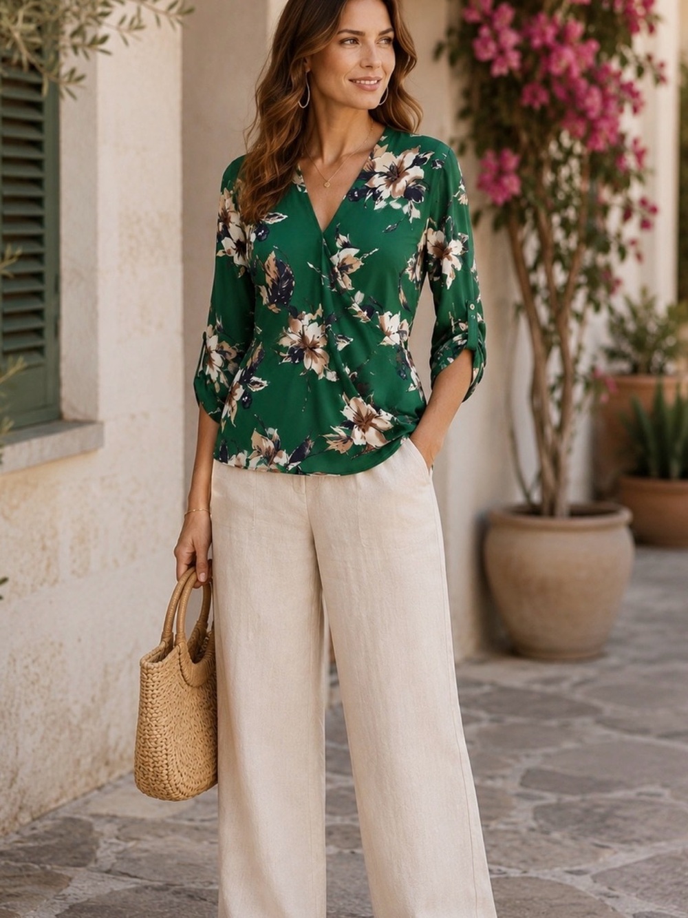 West Kei Green Floral Surplice Blouse